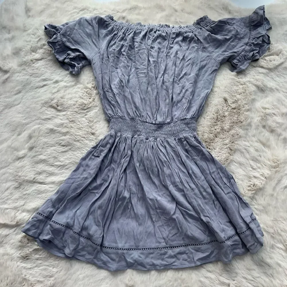 Ocean Drive Mini Dress Off the Shoulder Tassels Smocking Boho Blue size M